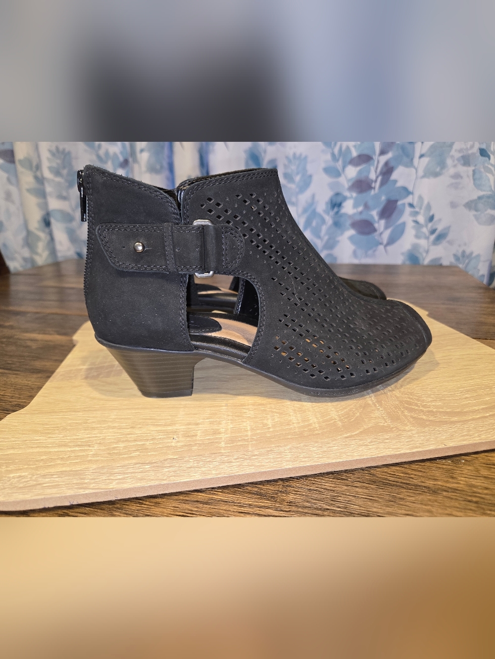 Earth Black Perforated Cutout Heeled Booties